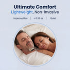 A couple asleep side by side, the man wearing the small SleepEase device under his chin