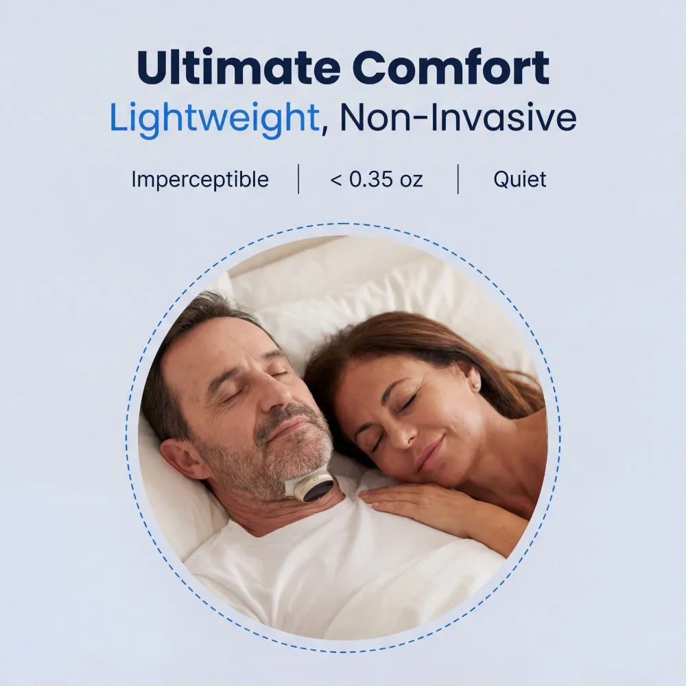A couple asleep side by side, the man wearing the small SleepEase device under his chin