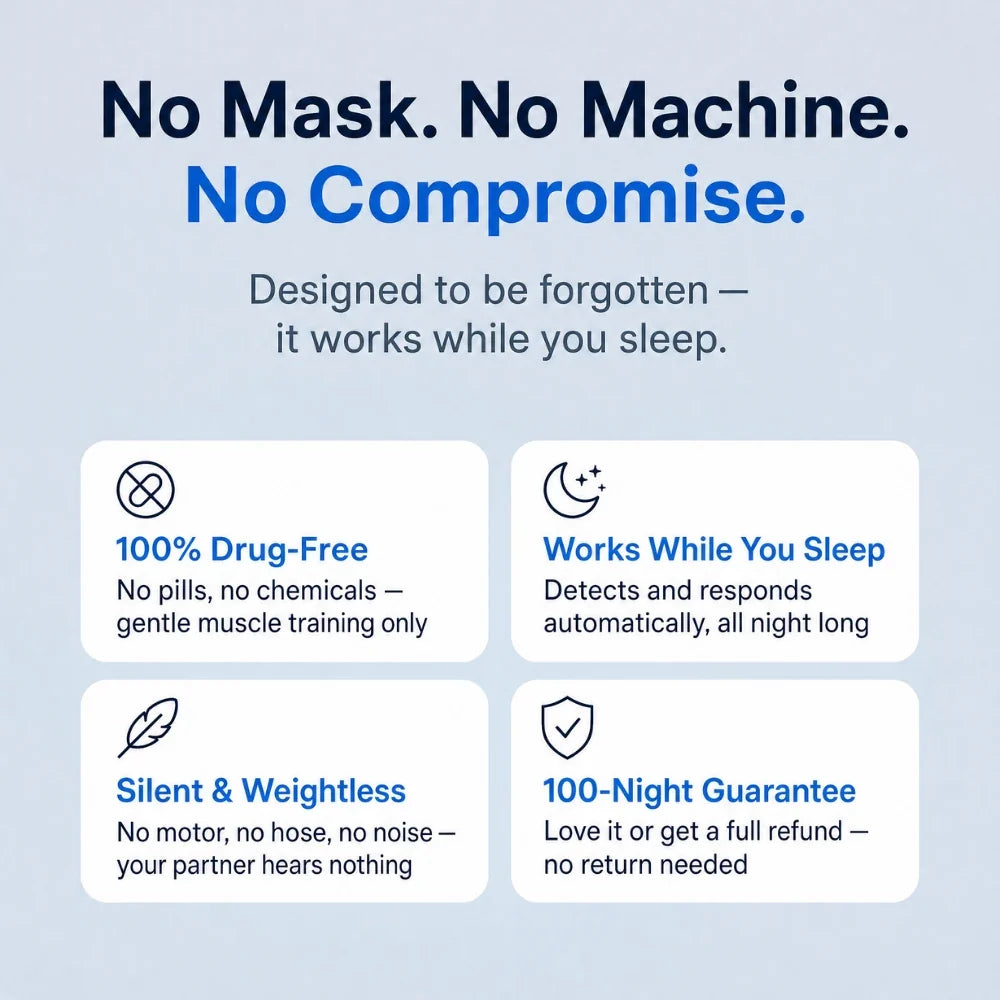SleepEase Pro benefits: drug-free, works while you sleep, silent, 100-night guarantee