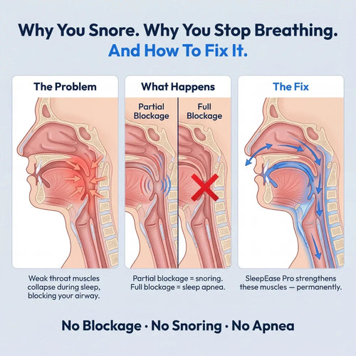 Throat diagram: relaxed muscles narrow the airway and cause snoring or apnea, trained muscles keep it open