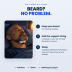 A bearded man asleep with SleepEase under his chin, held in place by the support string