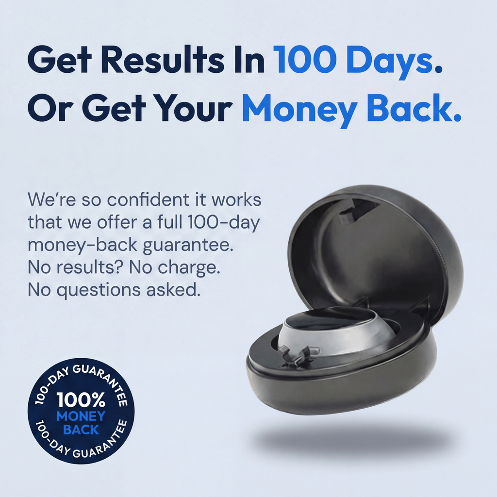 SleepEase Pro in its open charging case with the 100-day money-back guarantee seal
