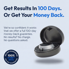 SleepEase Pro in its open charging case with the 100-day money-back guarantee seal