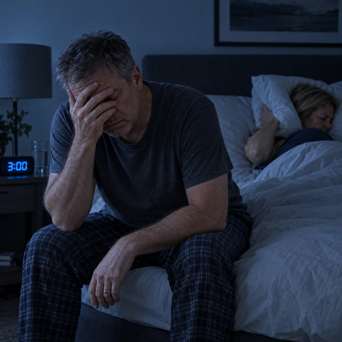 Before SleepEase: a man awake at 3 AM on the edge of the bed while his partner lies awake behind him