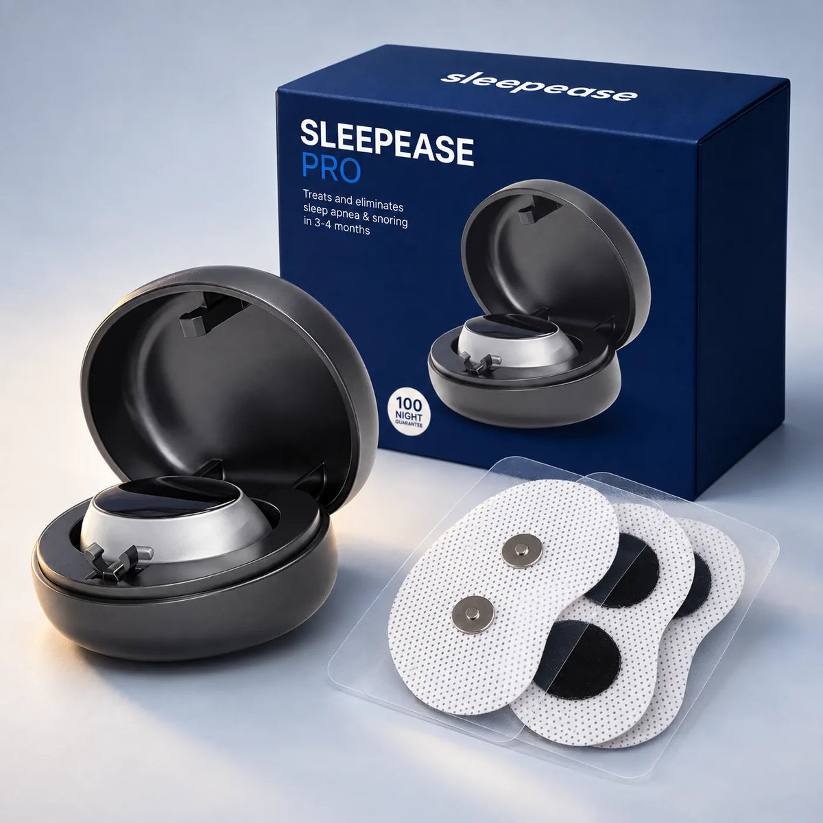 The SleepEase box, the device in its charging case and the adhesive patches