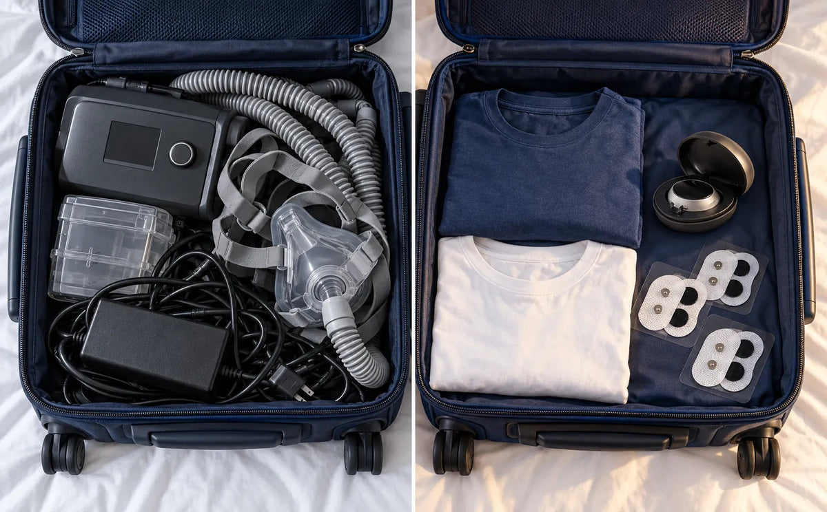 The same carry-on twice: crammed with a CPAP machine, hose and mask, then almost empty with the small SleepEase case
