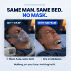The same man asleep twice: in a CPAP mask with a hose, then with only SleepEase under his chin