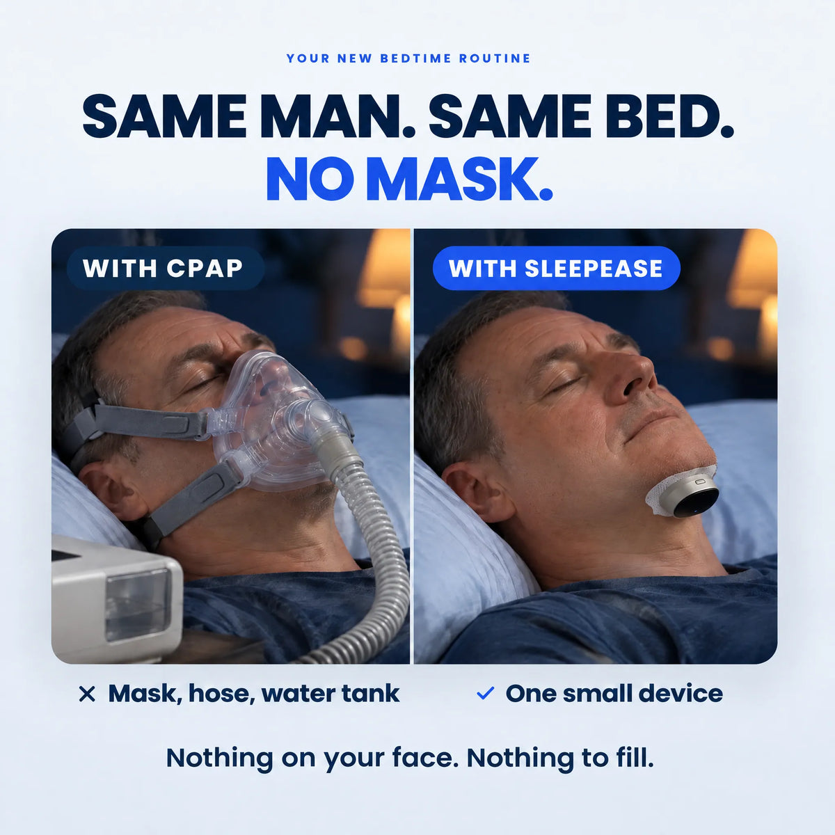 The same man asleep twice: in a CPAP mask with a hose, then with only SleepEase under his chin